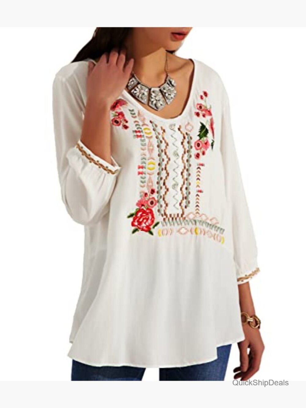 Women's Embroidered Tunic Bohemian Peasant Blouse 3/4 Sleeve Rayon - Picture 2 of 7
